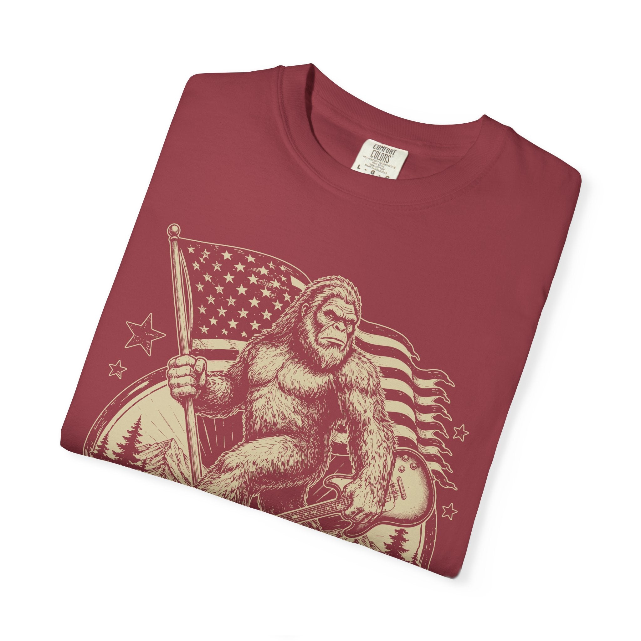 T-Shirt — 'American Legend' Bigfoot Holding U.S. Flag Vintage Graphic