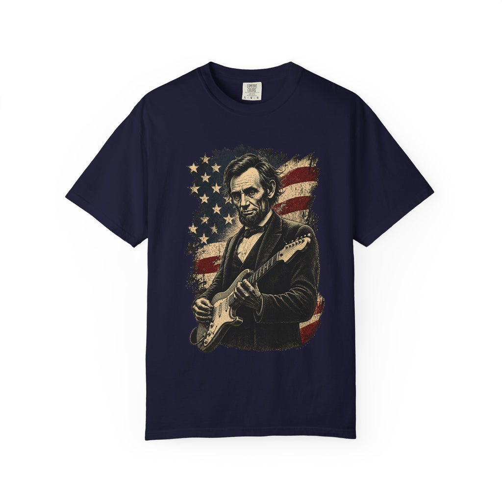 Abraham Lincoln Guitar Tee – Patriotic Americana Music T-Shirt - Rhythm and Rebellion Rock Tee
