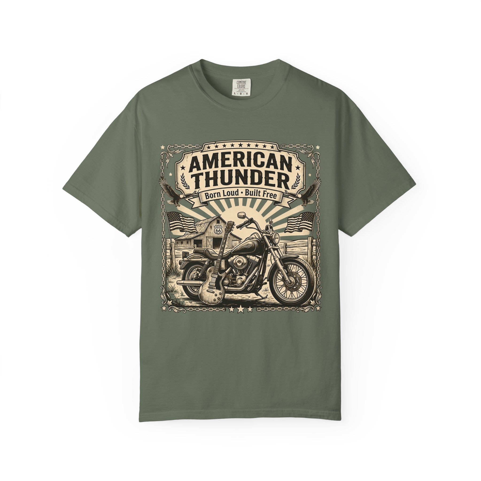 American Thunder Motorcycle T-Shirt — Born Loud, Built Free Vintage Biker Tee