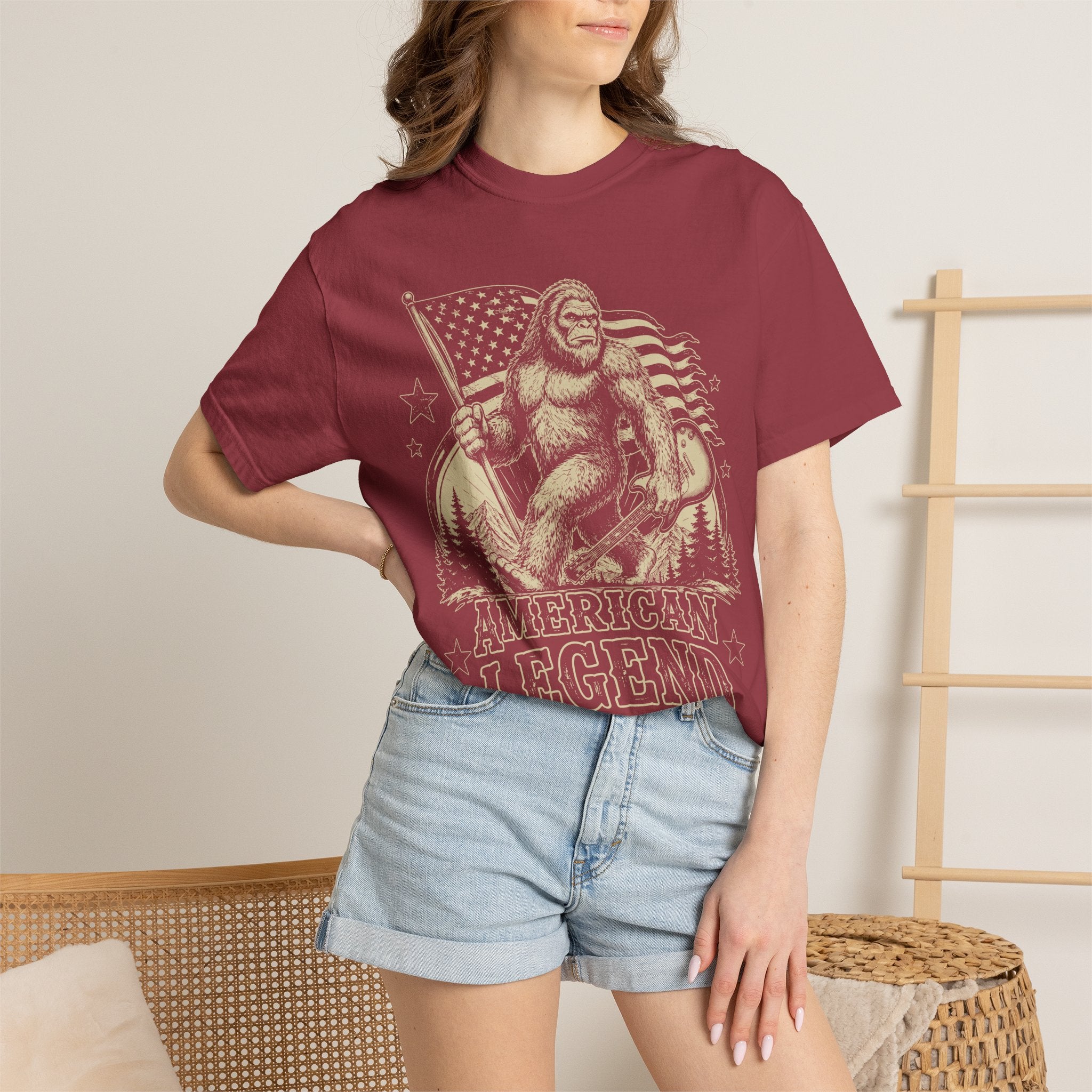 T-Shirt — 'American Legend' Bigfoot Holding U.S. Flag Vintage Graphic