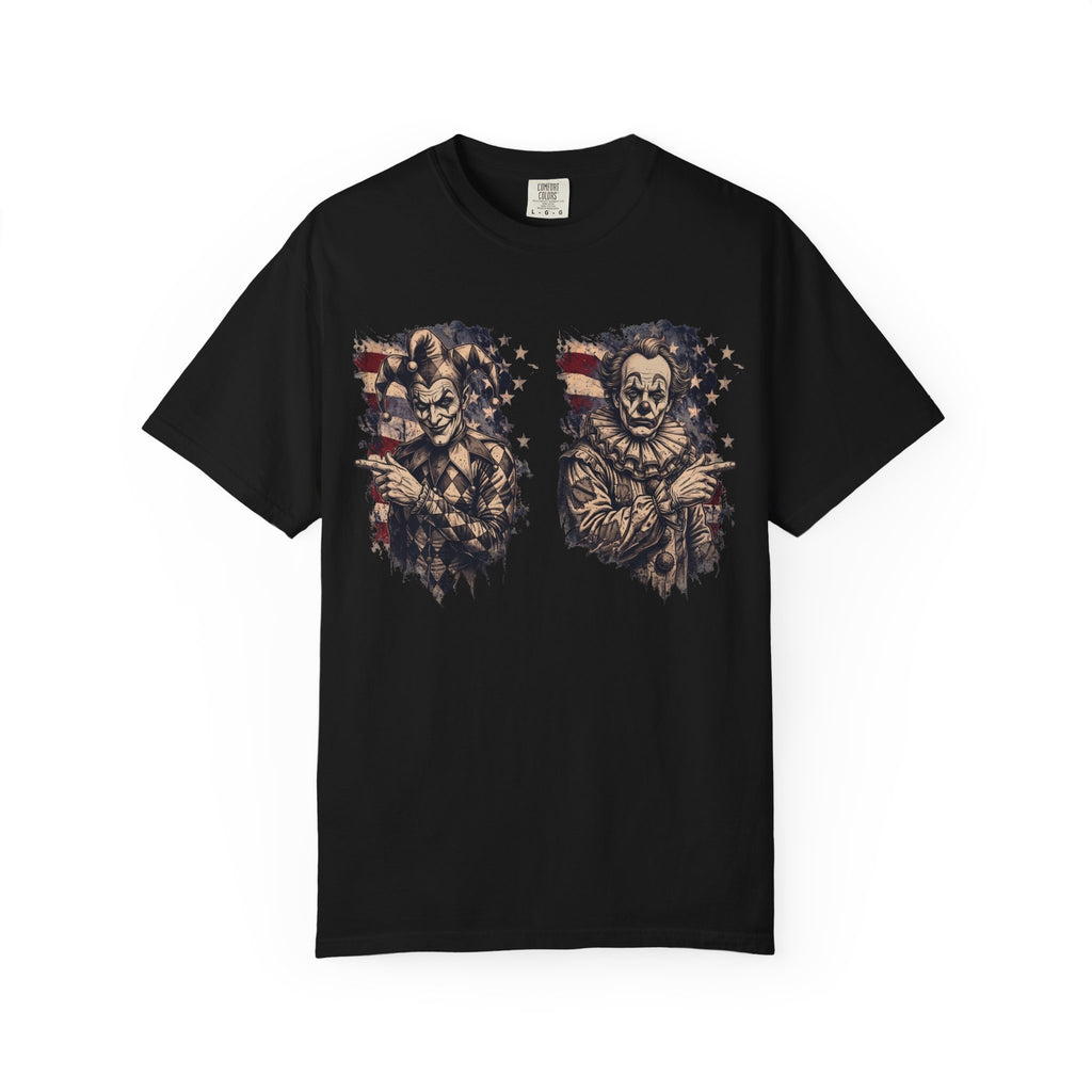 Creepy Clown Duo T‑Shirt — Vintage American Flag Horror Tee