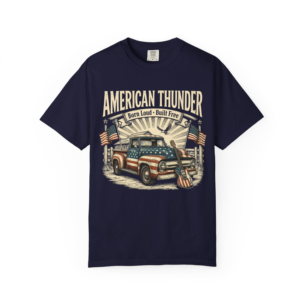 American Thunder Vintage Truck T-Shirt — "Born Loud • Built Free" Patriotic Pickup Tee