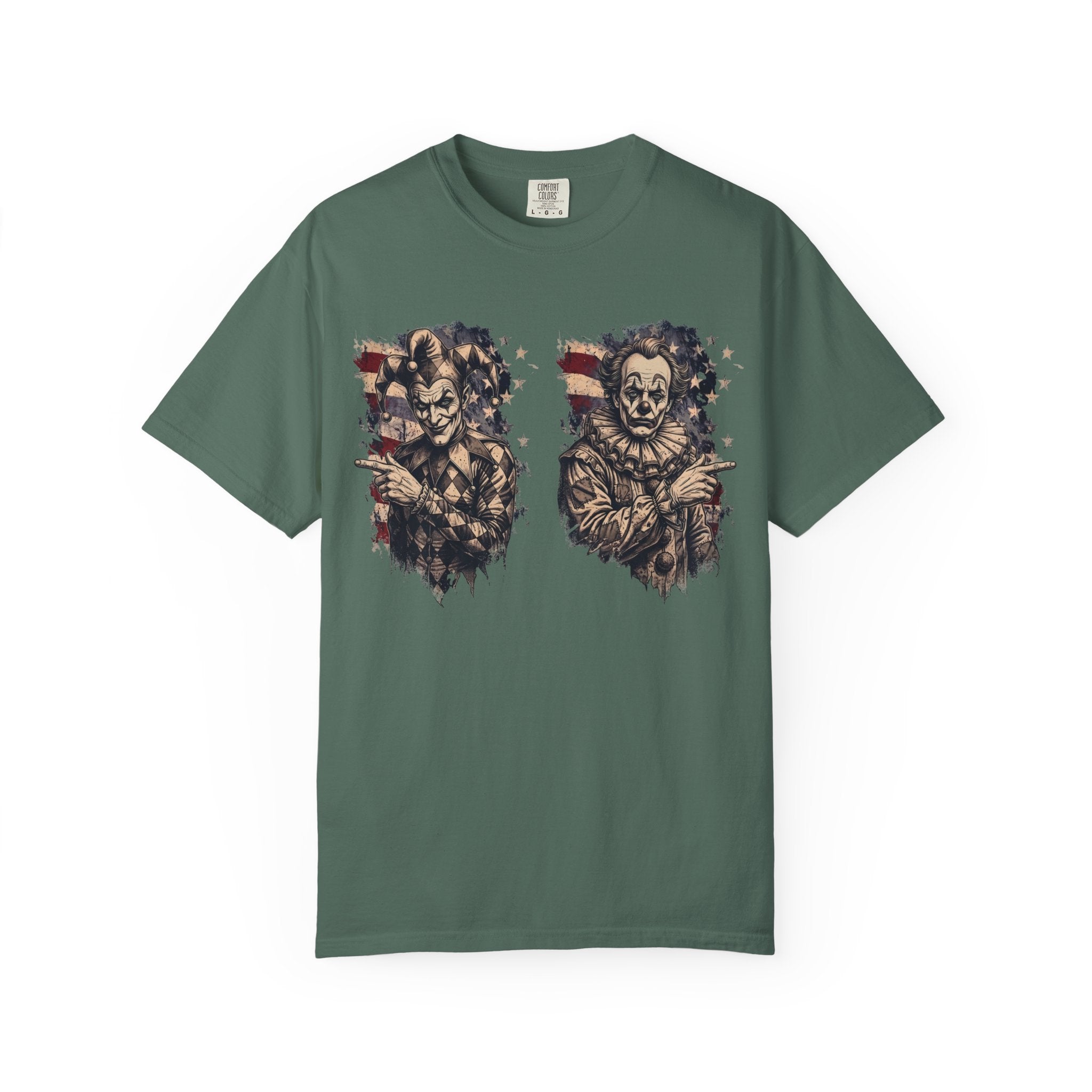 Creepy Clown Duo T‑Shirt — Vintage American Flag Horror Tee